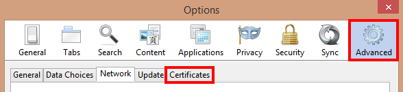 Select Advanced options and Certificates tab