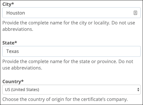 Enter city, state, and country
