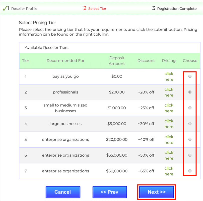 Select pricing tier