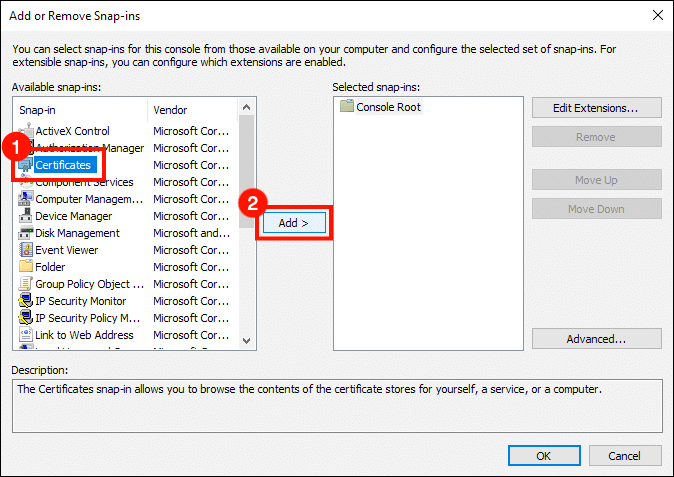 Select Certificates, then click Add button