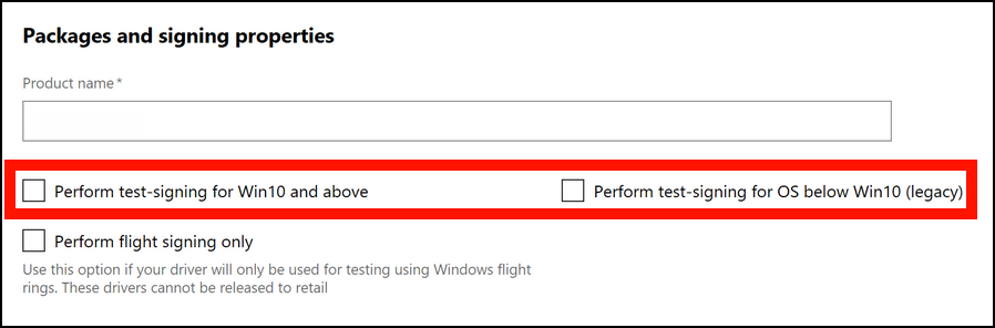 test signing options