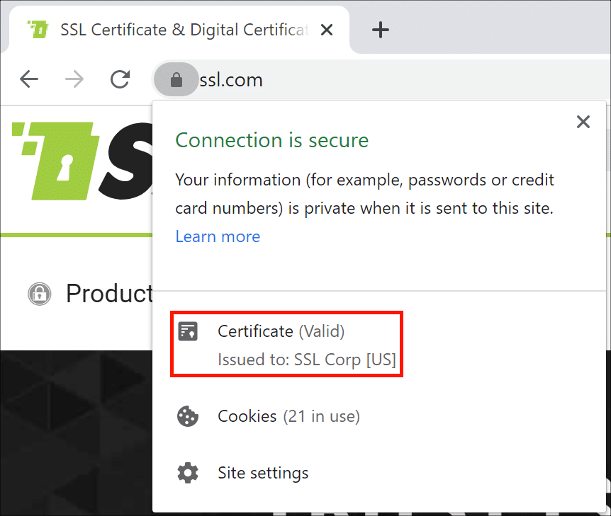 Clicking the lock in the address bar of your browser will reveal more information about the SSL/TLS certificate of that site