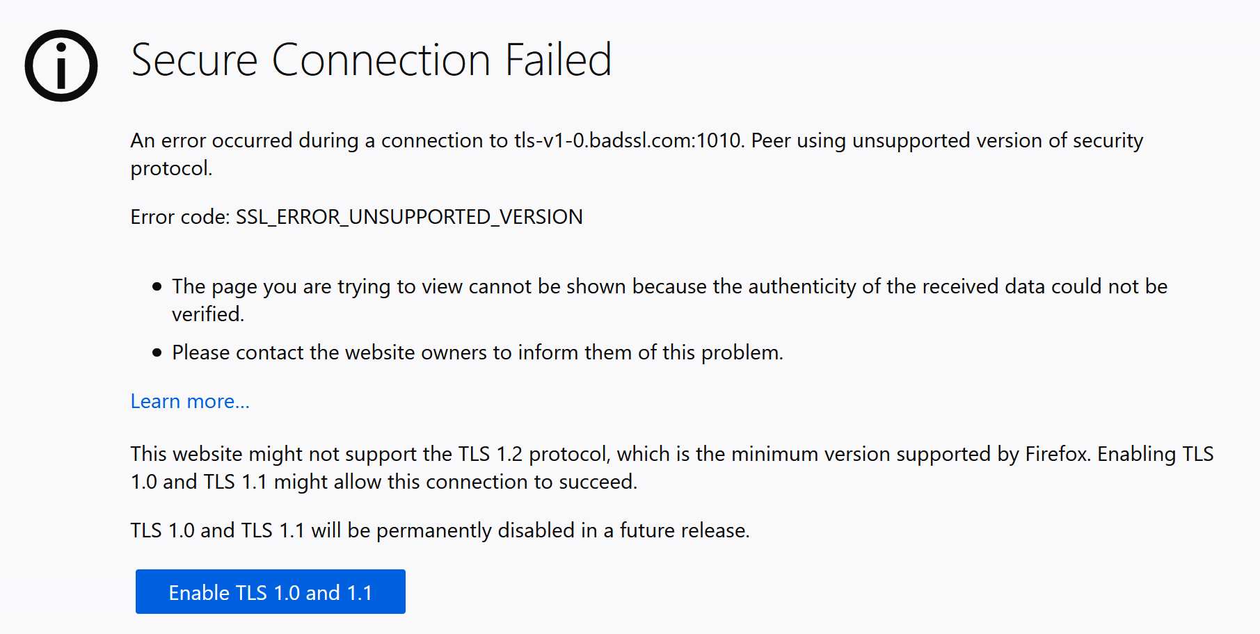 Firefox TLS 1.0 and 1.1 error message