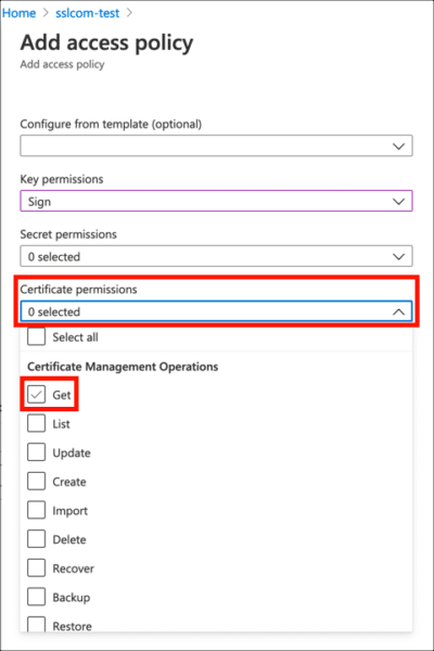Enable Get under Certificate permissions
