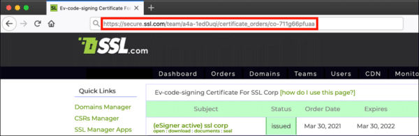 certificate order URL