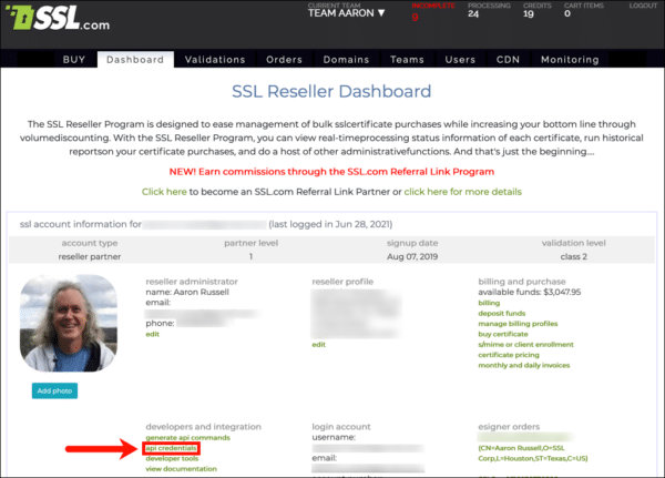 api credentials link on reseller dashboard