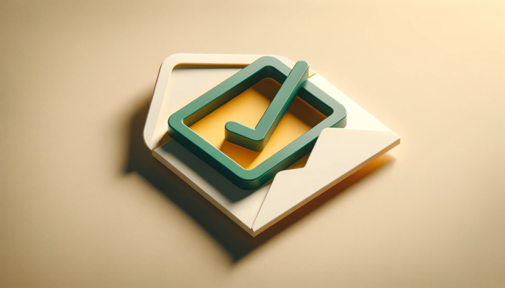 Foto eines einfachen verifizierten Häkchens in einem Umschlag mit minimalistischem Design und gelbgrünem Akzent.png