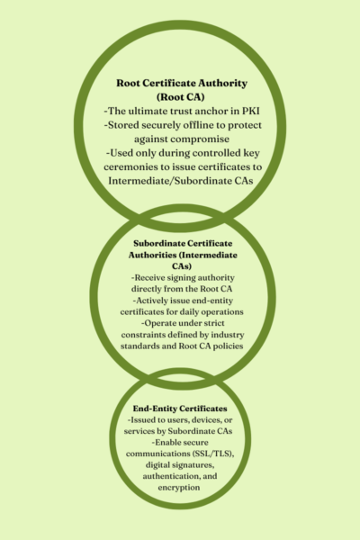 The Root CA as a trust anchor trickles down successively to the Intermediate CAs and End-Entity Certificates
