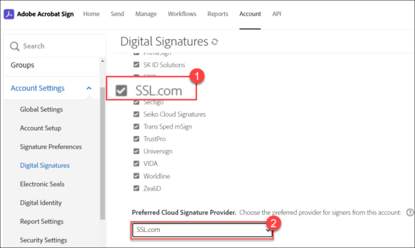 Adobe website screenshot for using SSL.com's eSigner service for cloud signing